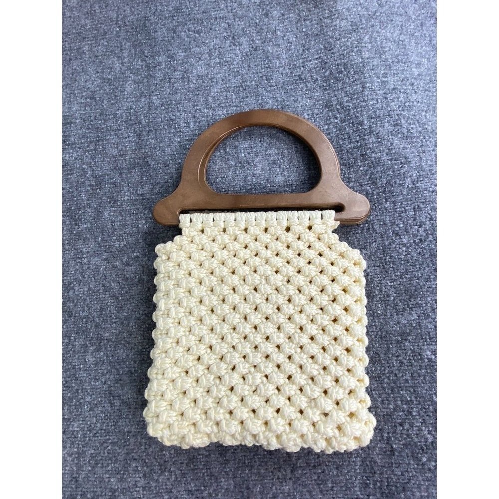 Vintage 70s‎ Macrame Handbag Cream Wooden Handles Boho Handmade Purse Festival - Picture 6 of 15